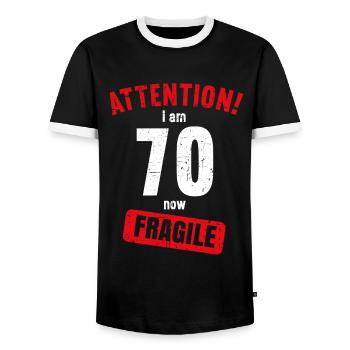 Achtung Ich bin jetzt 70 Fragile 70. Geburtstag - Männer Kontrast-T-Shirt - Schwarz/Weiß - Vorne - AI Model Female 172 light (172cm) & AI Model Male 178 light (178cm)