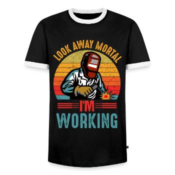 Look Away Mortal I ́M Working Welder Welding - Men's Ringer Shirt - black/white - Front - AI Model Female 172 light (172cm) & AI Model Male 178 light (178cm)