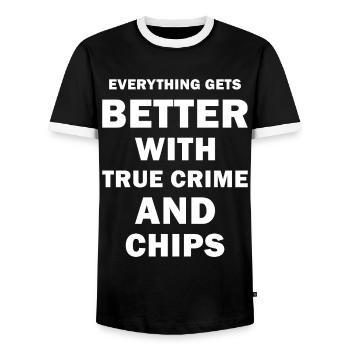 True Crime - Men's Ringer Shirt - black/white - Front - AI Model Female 172 light (172cm) & AI Model Male 178 light (178cm)