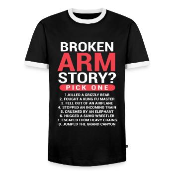 Broken Arm Story Pick One Arm Fracture - Men's Ringer Shirt - black/white - Front - AI Model Female 172 light (172cm) & AI Model Male 178 light (178cm)