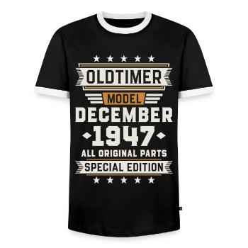 Oldtimer December 1947 Geburtstag Geschenk - Männer Kontrast-T-Shirt - Schwarz/Weiß - Vorne - AI Model Female 172 light (172cm) & AI Model Male 178 light (178cm)