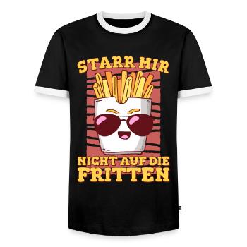 Pommes Frites | Starr mir nicht auf die Fritten | - Männer Kontrast-T-Shirt - Schwarz/Weiß - Vorne - AI Model Female 172 light (172cm) & AI Model Male 178 light (178cm)