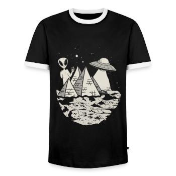 Ancient astronaut design for an alien theorate - Men's Ringer Shirt - black/white - Front - AI Model Female 172 light (172cm) & AI Model Male 178 light (178cm)