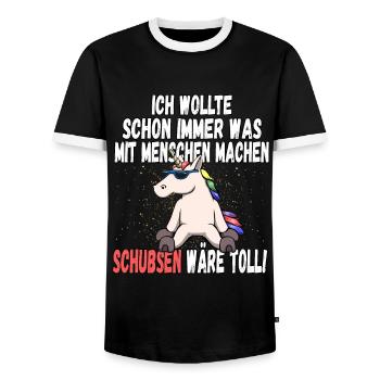 "Was mit Menschen machen" - lustig Einhorn Spruch - Männer Kontrast-T-Shirt - Schwarz/Weiß - Vorne - AI Model Female 172 light (172cm) & AI Model Male 178 light (178cm)