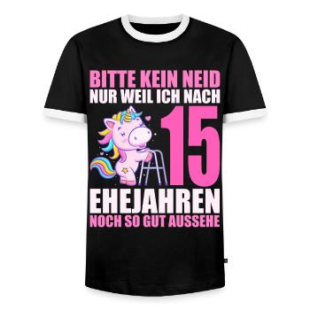 15 Jahre verheiratet lustig 15. Hochzeitstag - Männer Kontrast-T-Shirt - Schwarz/Weiß - Vorne - AI Model Female 172 light (172cm) & AI Model Male 178 light (178cm)