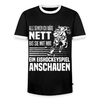 Eishockeyspiel Eishockey Hockey Eishockeyspieler - Männer Kontrast-T-Shirt - Schwarz/Weiß - Vorne - AI Model Female 172 light (172cm) & AI Model Male 178 light (178cm)