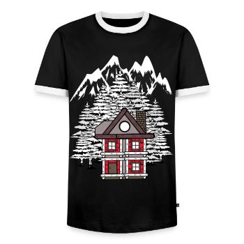 Forest House Hut Winter Fir Trees Romantic - Men's Ringer Shirt - black/white - Front - AI Model Female 172 light (172cm) & AI Model Male 178 light (178cm)