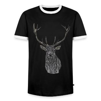 Hirsch Wapiti Hunts Animal Motif Imprint Animal Face - Men's Ringer Shirt - black/white - Front - AI Model Female 172 light (172cm) & AI Model Male 178 light (178cm)