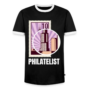 Philatelist Stamp Collection - Men's Ringer Shirt - black/white - Front - AI Model Female 172 light (172cm) & AI Model Male 178 light (178cm)