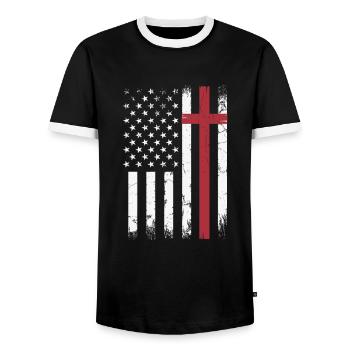 Christian Distressed USA Flag Cross Faith - Men's Ringer Shirt - black/white - Front - AI Model Female 172 light (172cm) & AI Model Male 178 light (178cm)