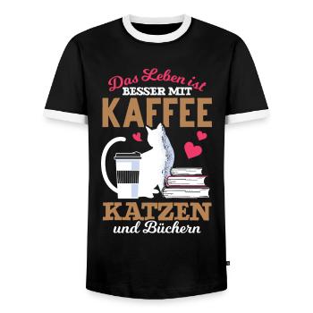 Katze Bücher Kaffee Kaffeetrinker - Männer Kontrast-T-Shirt - Schwarz/Weiß - Vorne - AI Model Female 172 light (172cm) & AI Model Male 178 light (178cm)