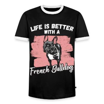 French Bulldog - Men's Ringer Shirt - black/white - Front - AI Model Female 172 light (172cm) & AI Model Male 178 light (178cm)