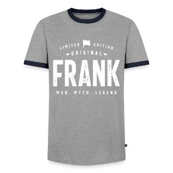 Mens Original Frank Funny Personalized Name - Men's Ringer Shirt - grey/navy  - Front - AI Model Female 172 light (172cm) & AI Model Male 178 light (178cm)