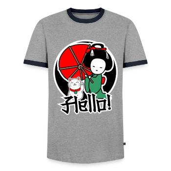 Japanese cat and women are friends - Men's Ringer Shirt - grey/navy  - Front - AI Model Female 172 light (172cm) & AI Model Male 178 light (178cm)