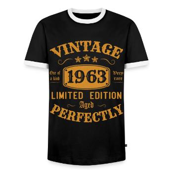 Vintage 1963 Limited Edition Perfectly Aged - Men's Ringer Shirt - black/white - Front - AI Model Female 172 light (172cm) & AI Model Male 178 light (178cm)