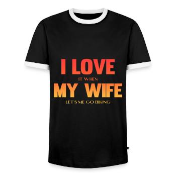I Love It When My Wife Lets Me Go Biking Mountain - Men's Ringer Shirt - black/white - Front - AI Model Female 172 light (172cm) & AI Model Male 178 light (178cm)