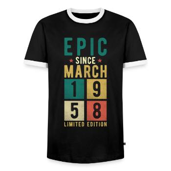 Birthday March 1958 - Men's Ringer Shirt - black/white - Front - AI Model Female 172 light (172cm) & AI Model Male 178 light (178cm)