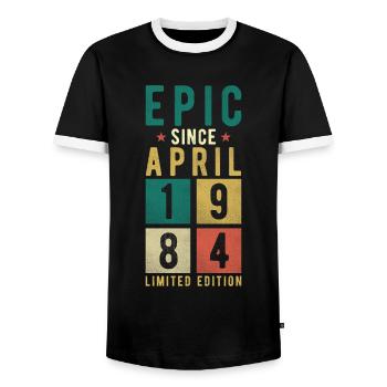 Birthday April 1984 - Men's Ringer Shirt - black/white - Front - AI Model Female 172 light (172cm) & AI Model Male 178 light (178cm)