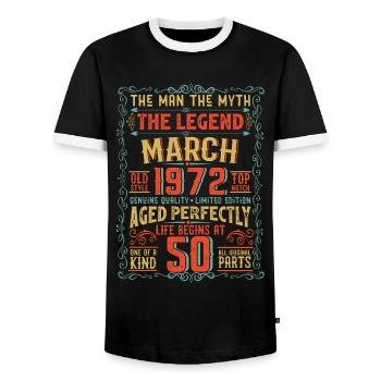 The Man The Myth The Legend 50 Birthday 1972 - Men's Ringer Shirt - black/white - Front - AI Model Female 172 light (172cm) & AI Model Male 178 light (178cm)