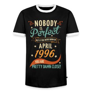 Nobody is perfect born in April 1996 - Men's Ringer Shirt - black/white - Front - AI Model Female 172 light (172cm) & AI Model Male 178 light (178cm)