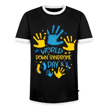 World Down Syndrome Day Hand Print Women - Men's Ringer Shirt - black/white - Front - AI Model Female 172 light (172cm) & AI Model Male 178 light (178cm)