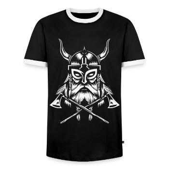 Viking warriors with axes and horns helmet - Men's Ringer Shirt - black/white - Front - AI Model Female 172 light (172cm) & AI Model Male 178 light (178cm)