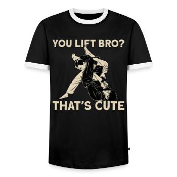 Jiu Jitsu You Lift Bro? That's - Men's Ringer Shirt - black/white - Front - AI Model Female 172 light (172cm) & AI Model Male 178 light (178cm)