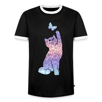Cat Glitter Print Cat Lover Gift - Men's Ringer Shirt - black/white - Front - AI Model Female 172 light (172cm) & AI Model Male 178 light (178cm)