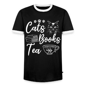 Cats Books Tea Book Read Cat Owners - Men's Ringer Shirt - black/white - Front - AI Model Female 172 light (172cm) & AI Model Male 178 light (178cm)