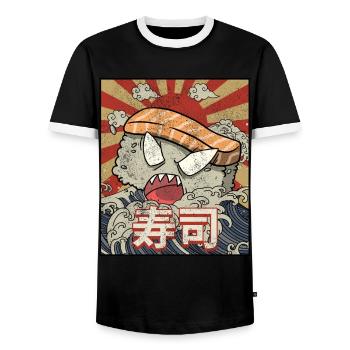 Kaiju Sushi Kanagawa Wve Japanese Aesthetics - Men's Ringer Shirt - black/white - Front - AI Model Female 172 light (172cm) & AI Model Male 178 light (178cm)