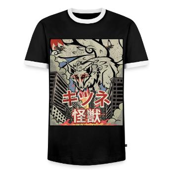 Kaiju Kitsune Nine-tailed Fox Kanagawa Wave - Men's Ringer Shirt - black/white - Front - AI Model Female 172 light (172cm) & AI Model Male 178 light (178cm)
