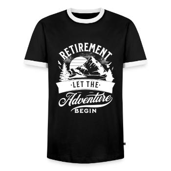 Retraite : l’aventure commence à la retraite - T-shirt contrasté Homme - noir/blanc - Devant - AI Model Female 172 light (172cm) & AI Model Male 178 light (178cm)
