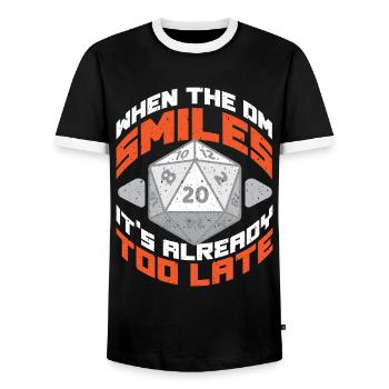 RPG Pen And Paper W20 Dice Role Playing Game Geek Dice - Men's Ringer Shirt - black/white - Front - AI Model Female 172 light (172cm) & AI Model Male 178 light (178cm)