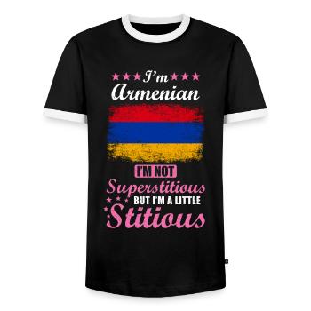 Armenian Woman Superstitious Stitious - Men's Ringer Shirt - black/white - Front - AI Model Female 172 light (172cm) & AI Model Male 178 light (178cm)