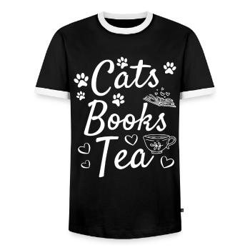 Chats lisant des livres Livre de bibliothèque de thé - T-shirt contrasté Homme - noir/blanc - Devant - AI Model Female 172 light (172cm) & AI Model Male 178 light (178cm)