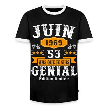 53 Ans Anniversaire Vintage Né(e) en Juin 1969 - T-shirt contrasté Homme - noir/blanc - Devant - AI Model Female 172 light (172cm) & AI Model Male 178 light (178cm)