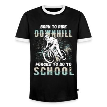 To Downhill Born to School Forced MTB - Men's Ringer Shirt - black/white - Front - AI Model Female 172 light (172cm) & AI Model Male 178 light (178cm)