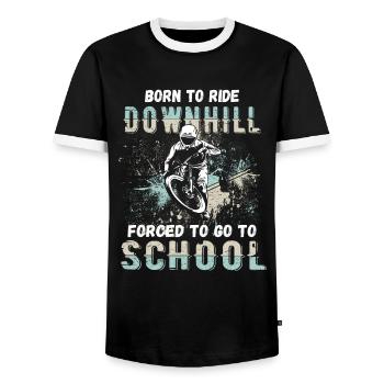 To Downhill Born to School Forced MTB - Men's Ringer Shirt - black/white - Front - AI Model Female 172 light (172cm) & AI Model Male 178 light (178cm)