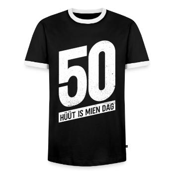 50 - Hüüt Is Mien Dag - 50 Geburtstag Plattdeutsch - Männer Kontrast-T-Shirt - Schwarz/Weiß - Vorne - AI Model Female 172 light (172cm) & AI Model Male 178 light (178cm)