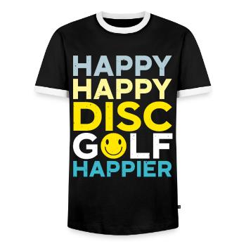 Happy Happy Disc Golf Happier Leisure Thrower - Men's Ringer Shirt - black/white - Front - AI Model Female 172 light (172cm) & AI Model Male 178 light (178cm)