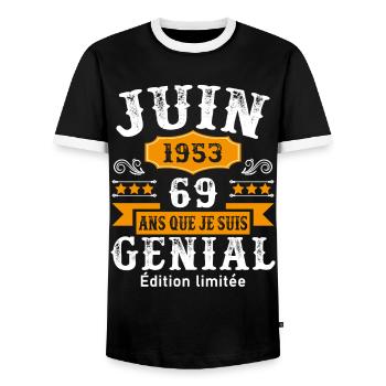 69 Ans Anniversaire Vintage Né(e) en Juin 1953 - T-shirt contrasté Homme - noir/blanc - Devant - AI Model Female 172 light (172cm) & AI Model Male 178 light (178cm)