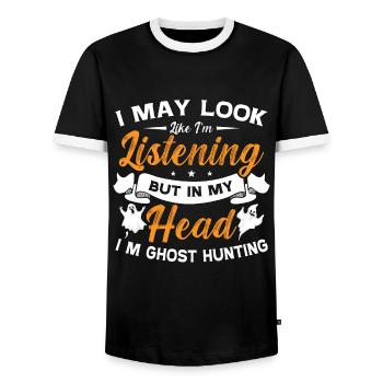 Ghost Hunter Paranormal Ghost Hunt Ghost Gift - Men's Ringer Shirt - black/white - Front - AI Model Female 172 light (172cm) & AI Model Male 178 light (178cm)