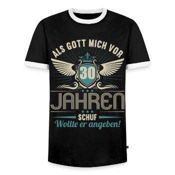 Als Gott mich vor 30 Jahren schuf wollte angeben - Männer Kontrast-T-Shirt - Schwarz/Weiß - Vorne - AI Model Female 172 light (172cm) & AI Model Male 178 light (178cm)
