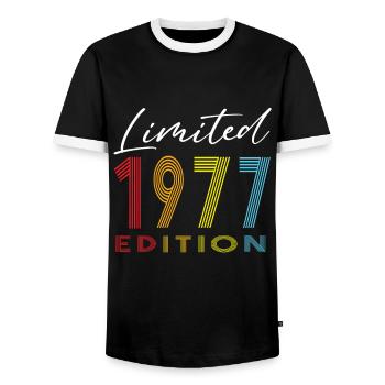 Limited Edition 1977 - Men's Ringer Shirt - black/white - Front - AI Model Female 172 light (172cm) & AI Model Male 178 light (178cm)