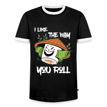 J’aime la façon dont vous roulez - Happy Sushi - T-shirt contrasté Homme - noir/blanc - Devant - AI Model Female 172 light (172cm) & AI Model Male 178 light (178cm)