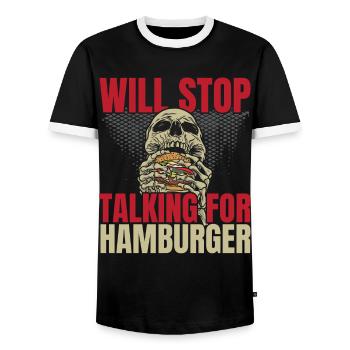 Will stop talking for Hamburger Burger Eater - Men's Ringer Shirt - black/white - Front - AI Model Female 172 light (172cm) & AI Model Male 178 light (178cm)