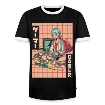 Gamer Anime Girl Vaporwave Aesthetic Gaming Ges - Men's Ringer Shirt - black/white - Front - AI Model Female 172 light (172cm) & AI Model Male 178 light (178cm)