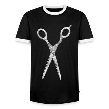 Hair Dresser Scissor Cutting Hair - Men's Ringer Shirt - black/white - Front - AI Model Female 172 light (172cm) & AI Model Male 178 light (178cm)