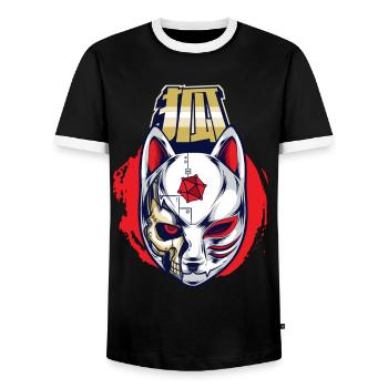 Cyborg Kitsune Mask Fox Mask Cyber Punk Cyber - Men's Ringer Shirt - black/white - Front - AI Model Female 172 light (172cm) & AI Model Male 178 light (178cm)