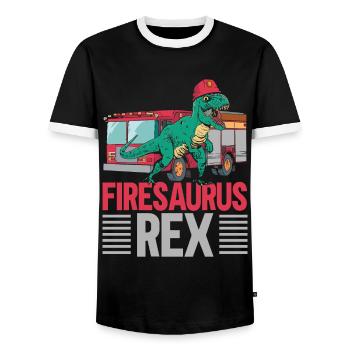 Firesaurus Rex Firefighter Fireman Dinosau - Men's Ringer Shirt - black/white - Front - AI Model Female 172 light (172cm) & AI Model Male 178 light (178cm)